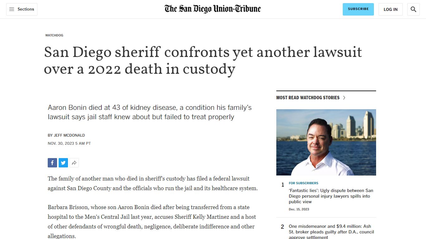 San Diego sheriff confronts yet another lawsuit over a 2022 death in ...